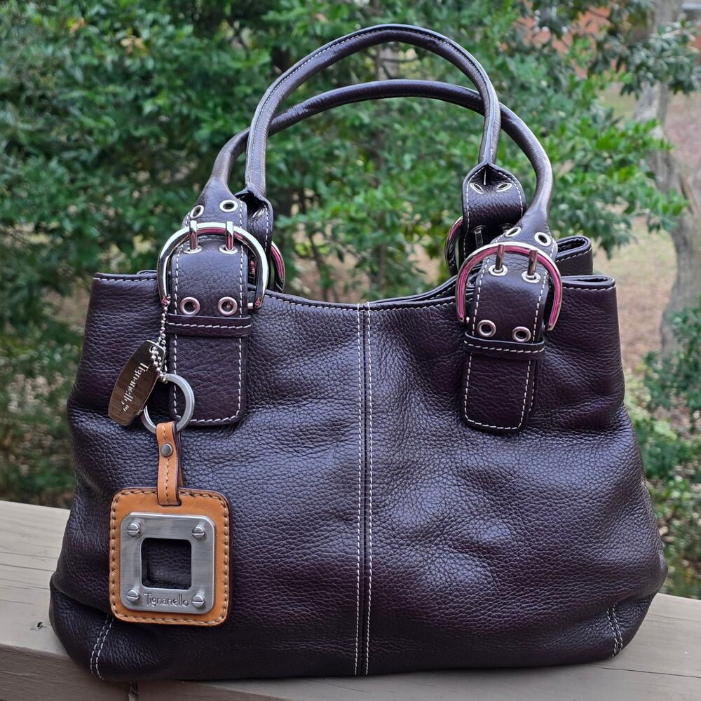 Brown Purse Double Handle Pebble Leather Tignanello Buckle Keychain Charm